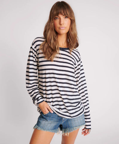 Linen Yarn Dye Stripe Long Sleeve Boyfriend Tee - Blue/White