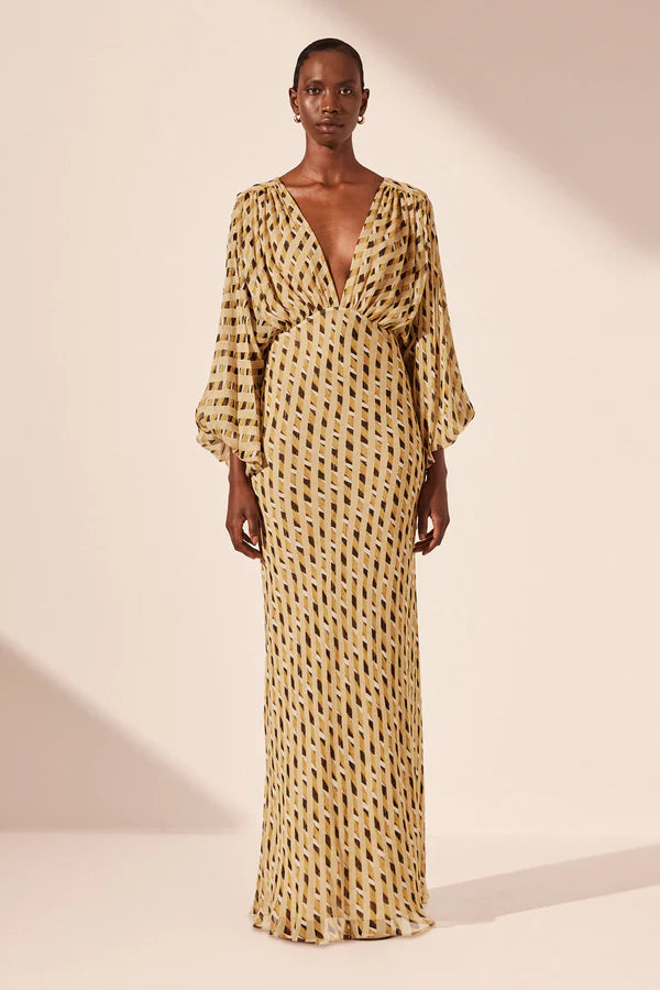 Axel Balloon Sleeve Maxi Dress Wheat Multi et seQ fashion