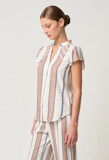 Amoya Linen Viscose Embroidered Top - Cayman Stripe