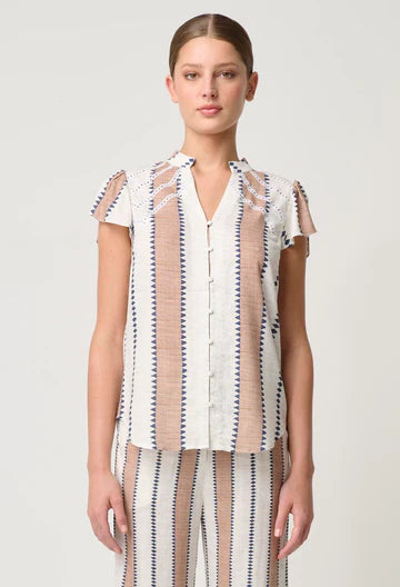 Amoya Linen Viscose Embroidered Top - Cayman Stripe