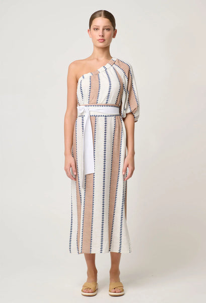 Bahia One Shoulder Linen Viscose Dress - Cayman Stripe