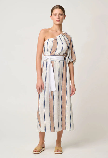 Bahia One Shoulder Linen Viscose Dress - Cayman Stripe