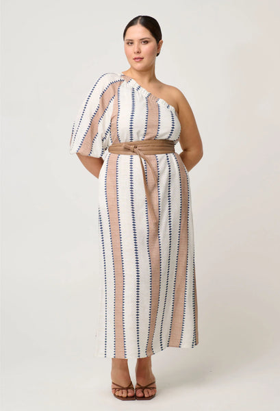 Bahia One Shoulder Linen Viscose Dress - Cayman Stripe