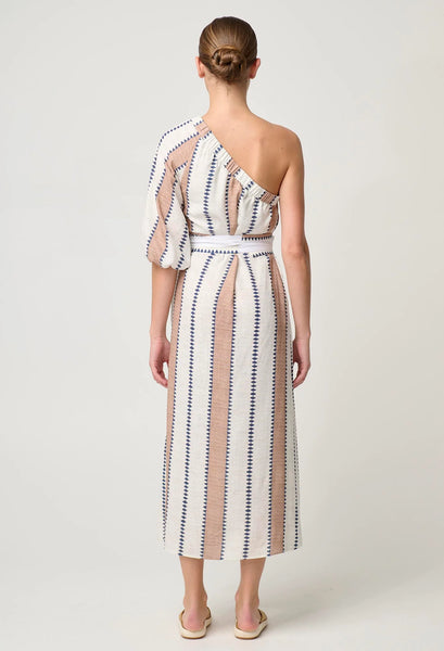 Bahia One Shoulder Linen Viscose Dress - Cayman Stripe