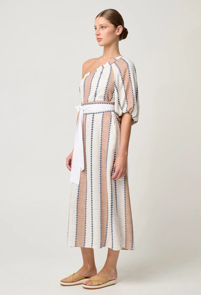 Bahia One Shoulder Linen Viscose Dress - Cayman Stripe