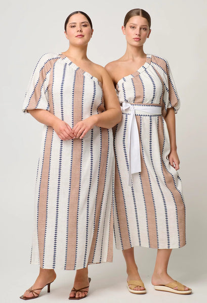 Bahia One Shoulder Linen Viscose Dress - Cayman Stripe