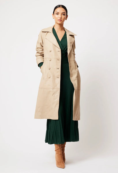 Astra Leather Trench Coat - Oatmeal