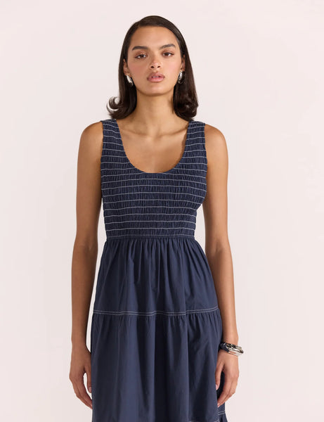 Asta Shirred Midi Dress - Navy