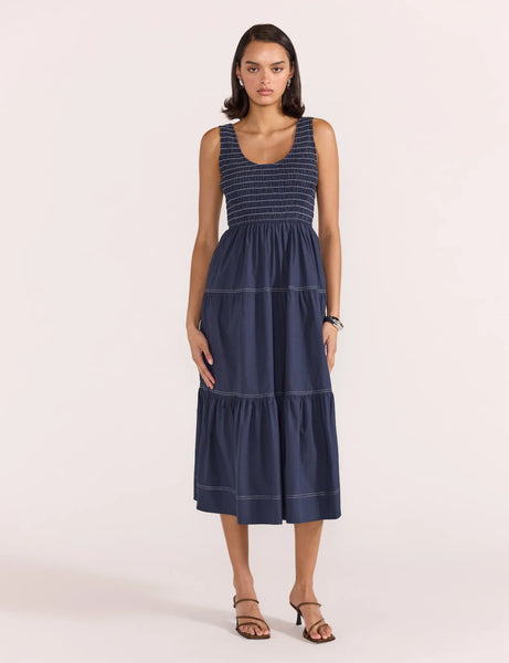 Asta Shirred Midi Dress - Navy