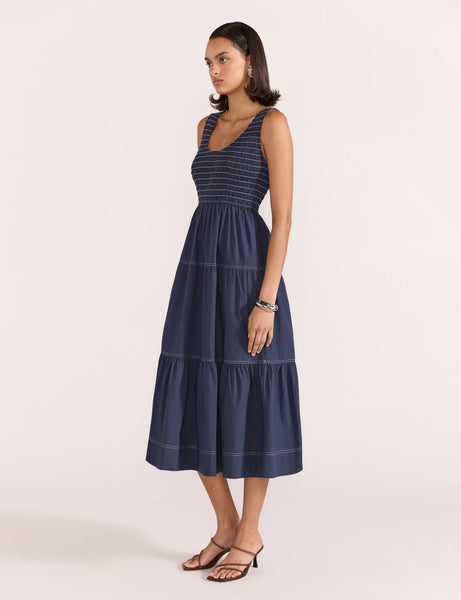 Asta Shirred Midi Dress - Navy